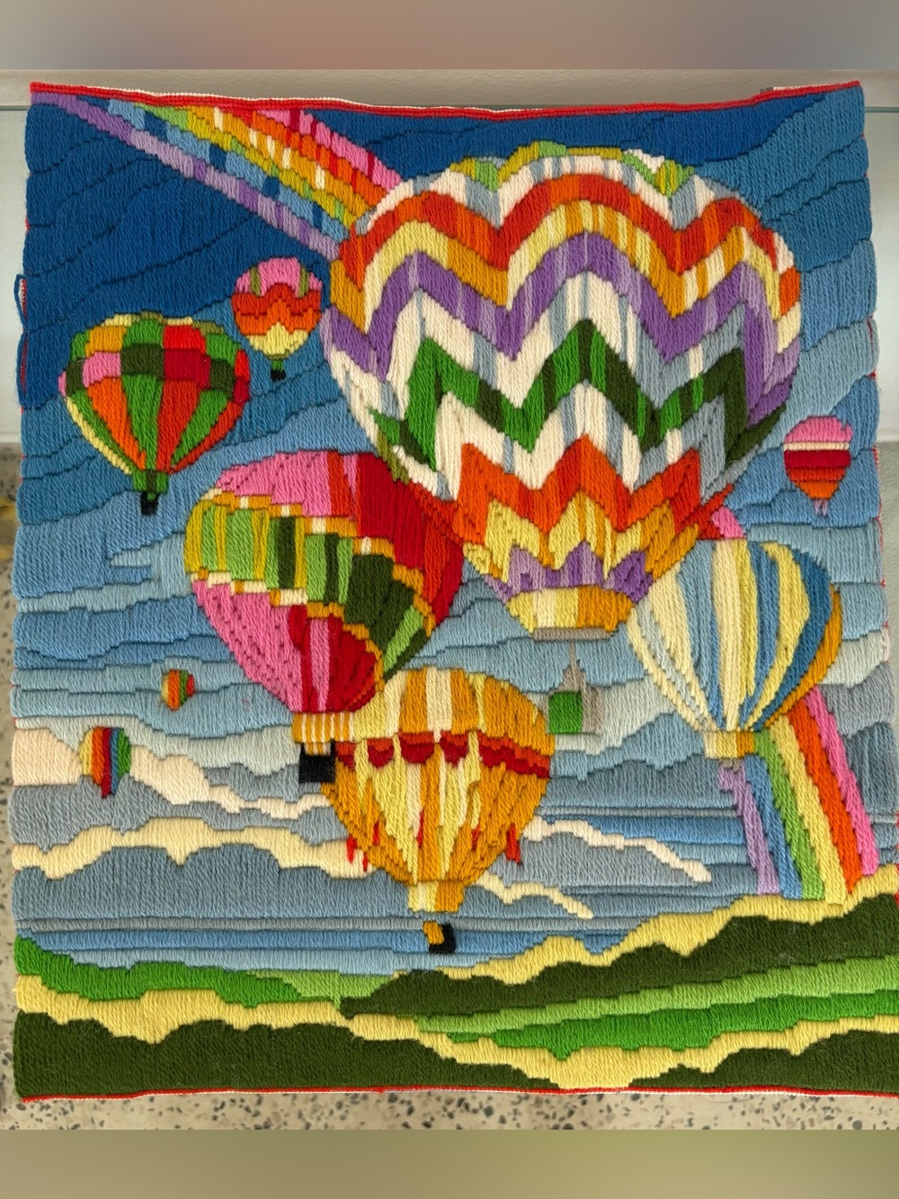 Vintage Colorful Hot Air Balloon Long Stitch Crewel Wall Art Decor